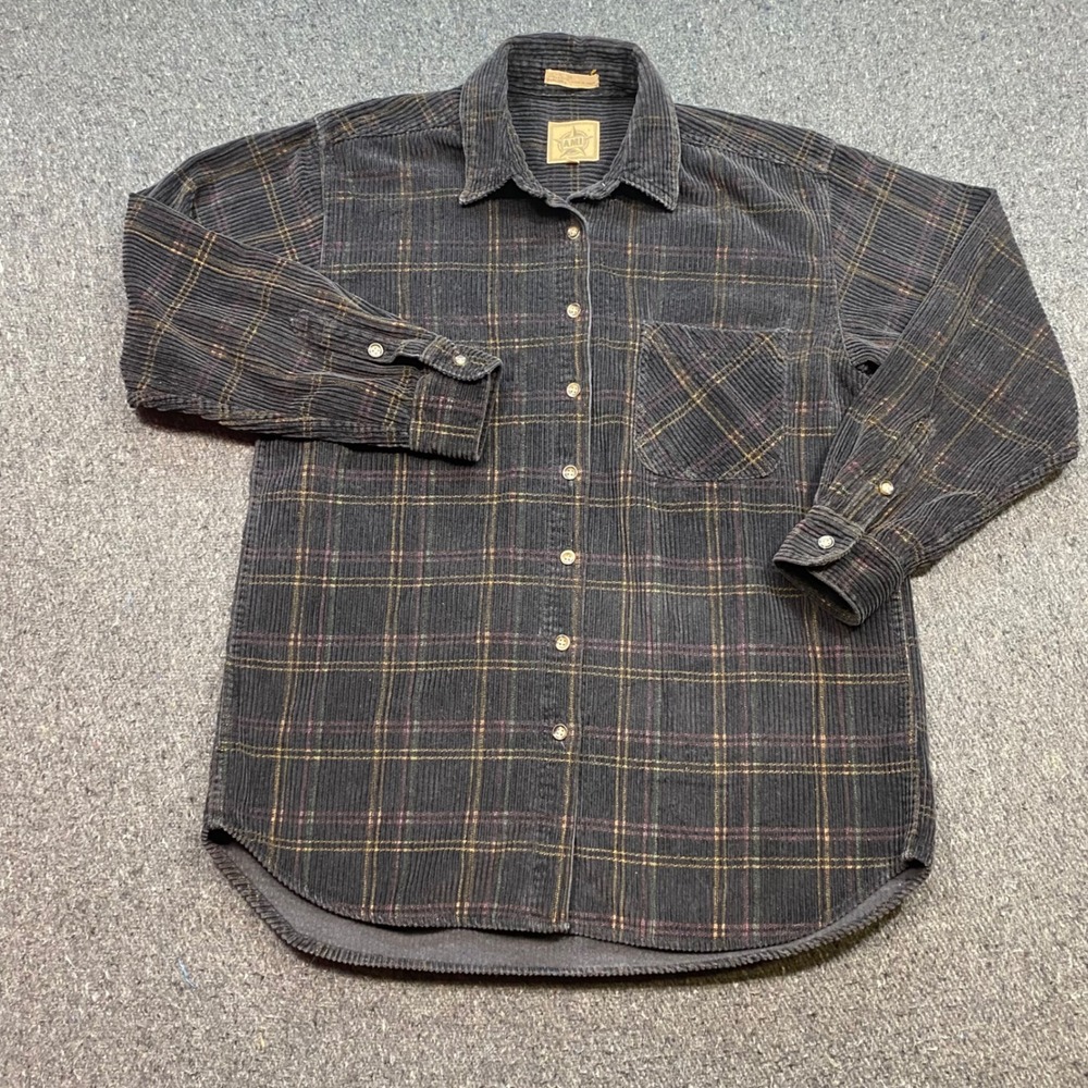 AMI Corduroy Plaid Shirt Sz L Mens Gray Grunge Skater Long Sleeve Button Down